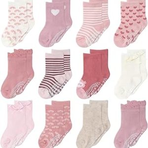 The Peanutshell Organic Baby Girl Socks 0-24 Months Set of 12 - Non-Slip Grip, 100% Cotton Newborn & Toddler Socks - Blush