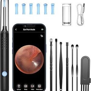 LMECHN Ear Wax Removal, Ear Cleaner with 7 Pcs Ear Set, Ear Wax Removal Tool Camera with 1080P Ear Otoscope & 6 LED Lights, Wireless Ear Pick for Ear Cleaning with 6 Ear Spoons Black