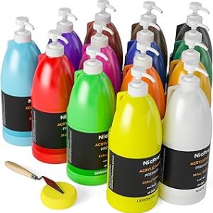 Nicpro 14 Colors Large Bulk Acrylic Paint Set (1000 ml) Rich Art Painting Supplies Non Toxic for Multi Surface, Canvas, Wood, Leather, Fabric Stone Craft, for Kid & Adult with Pump