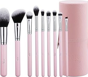 Makeup Brushes 9 Pcs Set with Leather Case, Multi Use with Synthetic Hair (9 Pcs + Leather Case Holder)