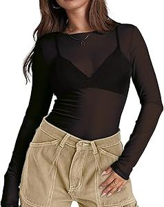 WIHOLL Mesh Sheer Long Sleeve Tops Women Lace Floral Sexy See Through T Shirts Women Mock Neck Y2K Shirts Layering Blouses