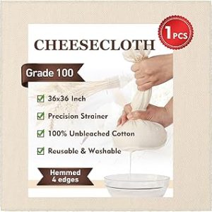 TOPULORS Cheesecloth, 36x36 Inch, Hemmed 4 Edges, Grade 100 Ultra Fine 100% Unbleached Cotton - Reusable Straining & Cooking Cloth for Cheese Making, Nut Milk, Yogurt Strainer, Filter & More (1 PCS)