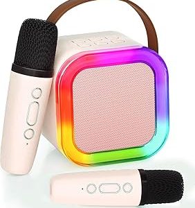 Karaoke Machine for Kids,2024 New Mini Portable Karaoke Toys, Karaoke Speaker with 2 Wireless Mics & Light for Home Party for Adults,Birthday Gifts for Girls and Boy Age 4-12 +Year Old (Beige-2 MIC)