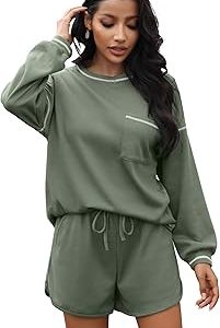 Andeip Women's 2 Piece Outfits Casual Loog Sleeve Waffle Tops and Drawstring Shorts Pants Lounge Sets