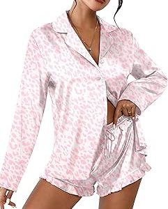 Ekouaer Womens Satin Pajama Sets Long Sleeve Top and Shorts Lounge Set Button Down Sleepwear S-XXL