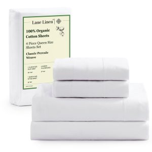Lane Linen 100% Organic Cotton Queen Sheet Set, 4-Piece Percale Bed Sheets for Queen Bed - Soft, Breathable, Hypoallergenic, Deep Pocket Fits Mattress Up to 15" Deep, Hotel Quality Sheets - White