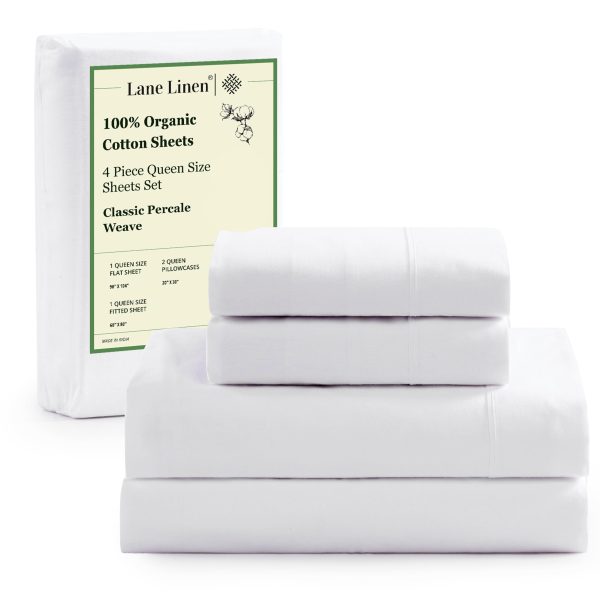 Lane Linen 100% Organic Cotton Queen Sheet Set, 4-Piece Percale Bed Sheets for Queen Bed - Soft, Breathable, Hypoallergenic, Deep Pocket Fits Mattress Up to 15" Deep, Hotel Quality Sheets - White