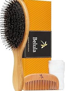 Belula Detangling Boar Bristle Hair Brush Set. Hairbrush for Thick, Long and Curly Hair. Restores Shine and Texture to Your Hair. Wooden Comb, Travel Bag & Spa Headband Included