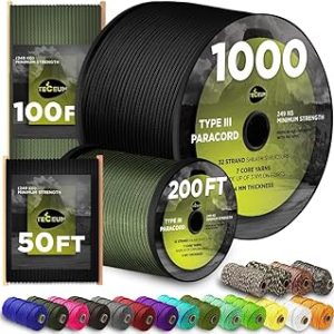 TECEUM 5/32" (4mm) Paracord Camping Rope 1000 – 1000ft / 200ft / 120ft / 100ft / 50ft – Tactical Parachute Cord – Tent Corde – Nylon Rope for Fishing Accessories – Survival Gear – Utility Rope