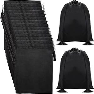 Youeon 16 Pcs Silk Satin Wig Bags 12"x16", Satin Black Gift Bags Travel Bags with Drawstring Tassel, Satin Bags for Packaging Wig, Bundles, Hair Extensions, Storage Bags for Home, Salon, Travel