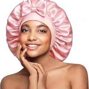 Umisleep Large Silk Bonnet for Sleeping Women, 100% Double Layer 22 Momme Mulberry Silk, Non Slip Hair Bonnet with Adjustable Band for Curly Long Hair, Shower Caps Pink