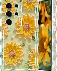 EYZUTAK Case for Samsung Galaxy S24 Ultra, Colorful Retro Oil Painting Flower Laser Glossy Curly Waves Edge Exquisite Phone Cover Stylish Durable TPU Protective Case for Girls Women-Sunflower/Green