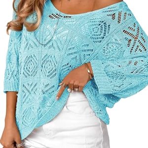 KISSMODA Women Spring Summer Fall Crochet Hollow Out 3/4 Sleeve Pullover Sweater Off Shoulder T-Shirts
