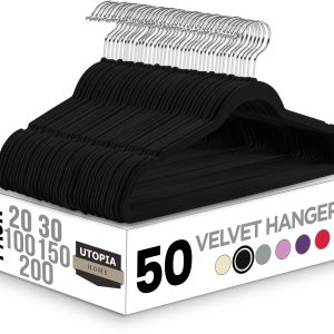 Utopia Home Pack of 50 Premium Non Slip Velvet Hangers 360 Degree rotatable Hook Durable & Slim Coat - Pant Hangers - Black