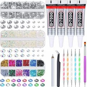 B7000 Jewelry Glue with Rhinestones for Clothes, 4500Pcs Craft Rhinestones Gems with Clear Rhinestone Glue for Fabric with Wax Picker Pencil and Tweezers for Crafting Jewelry Making and Nail Art