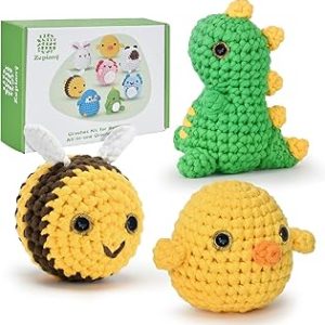 Crochet Kit for Beginners, Crochet Starter Kits for Adults Amigurumi Craft Knitting Crochet Kits with Step-by-Step Video Tutorials, Beginner Friendly Yarn-Dinosaur-Chick-Bee