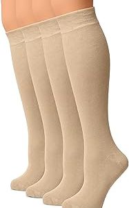 Hugh Ugoli Women Cotton Knee High Socks, Plain & Striped Long Dress Socks, Soft, Lightweight, Shoe Size 5-8/8-11, 4 Pairs