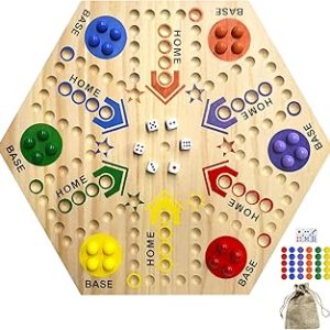 Original Double Sided Painted Wooden Board Game - 2 to 6 Player Fast Track with 6 Colors, 24 Marbles, 6 Dice for Adults & Kids (15 INCH)