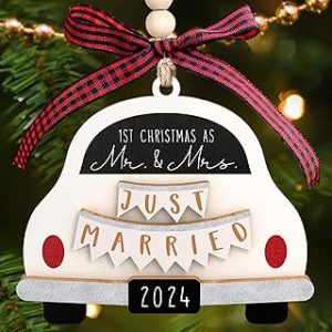 Pawzity Wedding Gifts - Mr and Mrs Gifts for Couples 2024, Bride - First Christmas Married Ornament 2024-1st Married Bridal Shower Gift - Wood Ornament