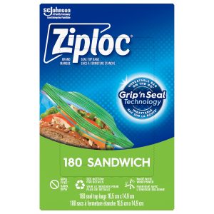 Ziploc Sandwich Bags for On-the-Go Freshness, Grip 'n Seal Technology for Easier Grip, Open and Close, 180 Count