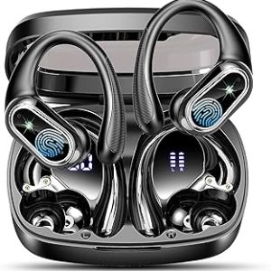 Wireless Earbuds, Bluetooth 5.3 Headphones Sport, Bluetooth Ear Buds with Noise Canceling Mics, 50H Stereo Wireless Headphones with EarHooks, LED Display, IP7 Waterproof Earphones for Running, Black