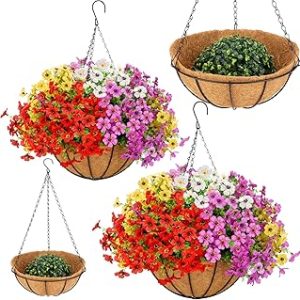 24 Bundles Artificial Hanging Flowers with 2 Baskets for Outdoors, Artificial Hanging Plants Outdoors, Fake Hanging Flowers Daisy Eucalyptus Realistic UV Resistant for Garden Patio Porch Summer Decor