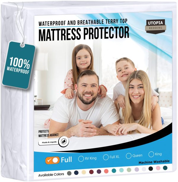 Utopia Bedding Waterproof Mattress Protector Full/Double Size, Premium Terry Mattress Cover 200 GSM, Breathable, Fitted Style with Stretchable Pockets (White)