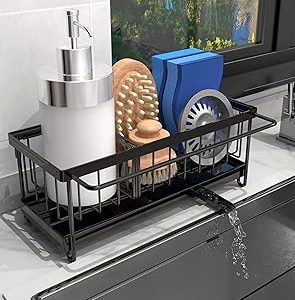Cartilage Sponge Holder for Kitchen Sink Organizer, Kitchen Sink Caddy Storage with Dishrag Dishcloth Holder Rack,Rustproof 304 Stainless Steel Dish Sponge with Auto Draining Tray