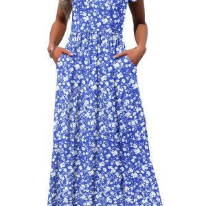 MOLERANI Women's Square Neck Maxi Dresses Petal Short Sleeve Casual Long Dress with Pokets