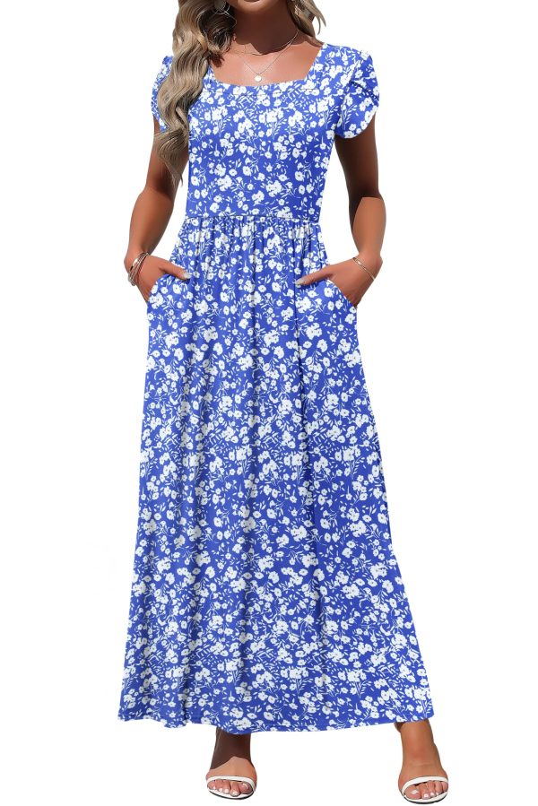 MOLERANI Women's Square Neck Maxi Dresses Petal Short Sleeve Casual Long Dress with Pokets