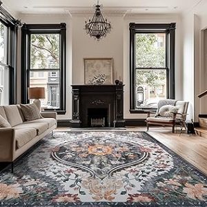 Boho Area Rugs 8X10 for Living Room Clearance Machine Washable with Non Slip Backing Low Pile Distressed Printed Carpet for Dinning Room Bedroom Playroom Indoor(Black/Green,8x10ft)