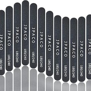 JPACO 12 PCS Professional Nail Files 180 240 Grit (Black) for Press Ons, Gel, Acrylic, Crystal, Natural Nails. Double Sided Emory Board Black & Washable (12 Pack)