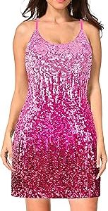 MANER Women's Glitter Sequin Dress Adjustable Spaghetti Strap Sparkle Party Dresses